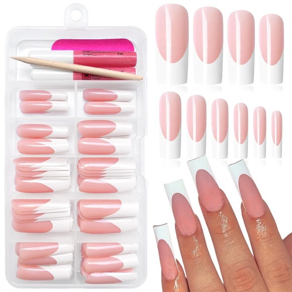 120 Pieces Pink And White French Tip Long Square Nails - Picture 1 of 5